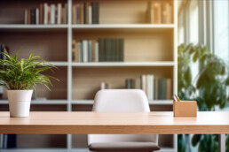 In primo piano una scrivania in legno con sopra una piccola pianta grassa e un portapenne, dietro una sedia bianca da ufficio. Sullo sfondo una libreria con sopra appoggiati dei volumi e sulla destra una pianta da interno